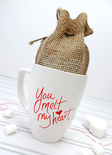 Valentine's gifts with personalized mugs, hot cocoa and cute burlap bags