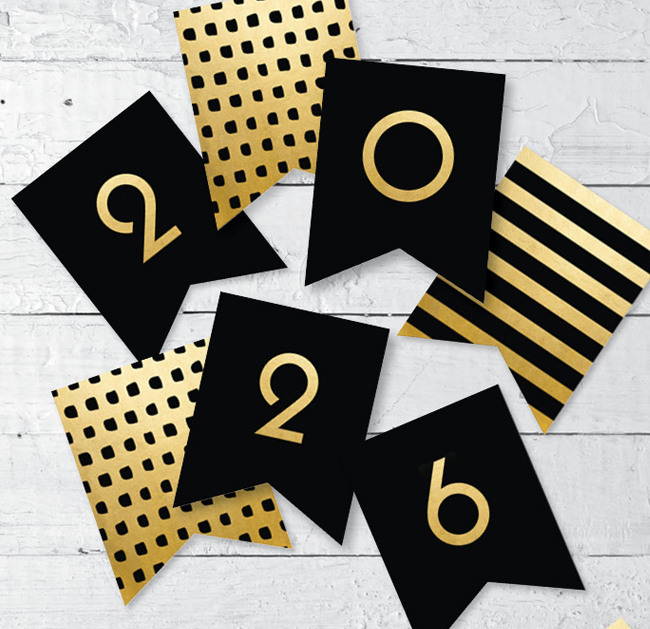 2026 Free Printable Banner in gold and black