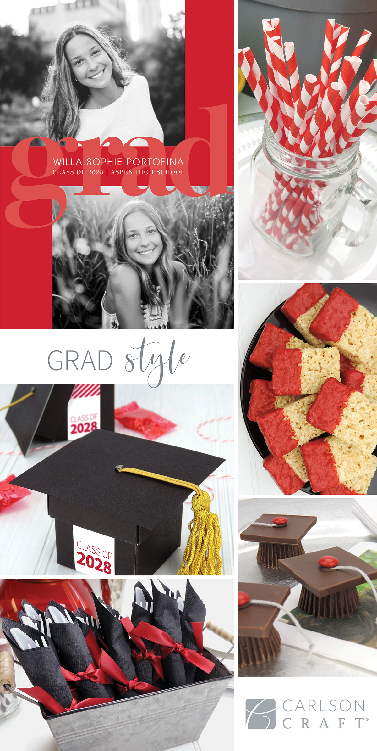 Style board of red and black graduation announcement with coordinating party elements.