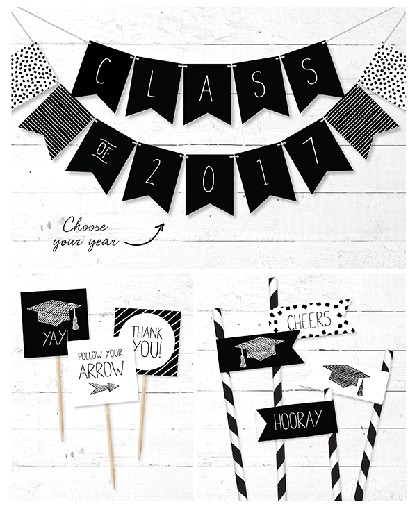 Free printable graduation banner and favor labels in black and white.