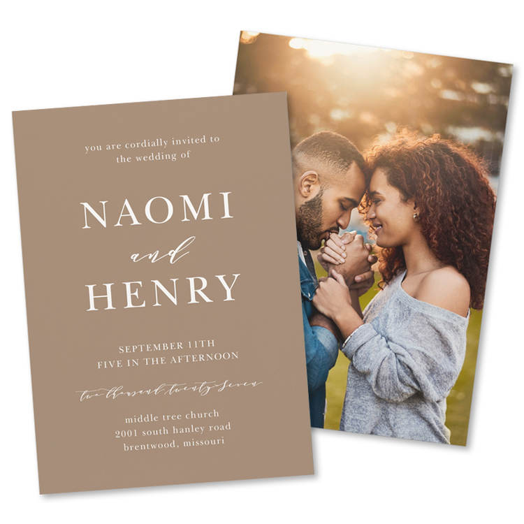 Minimalist wedding invitation with photo on back