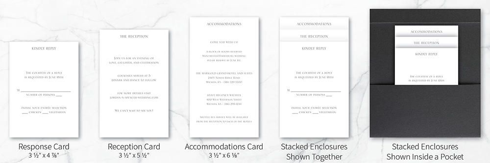 Infographic showing stacking enclosures for pocket wedding invitations