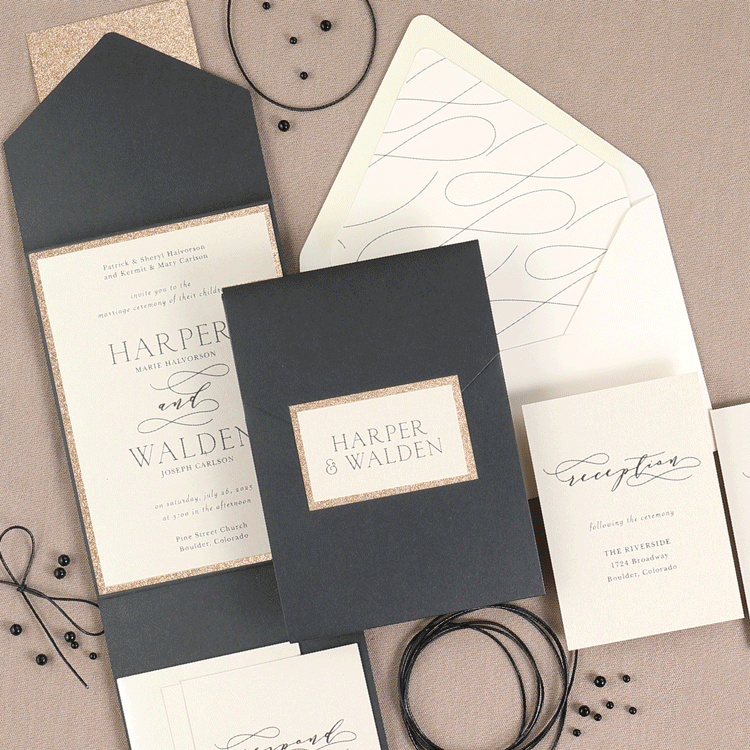 Rotating image of wedding invitations accessorized with pockets and backers