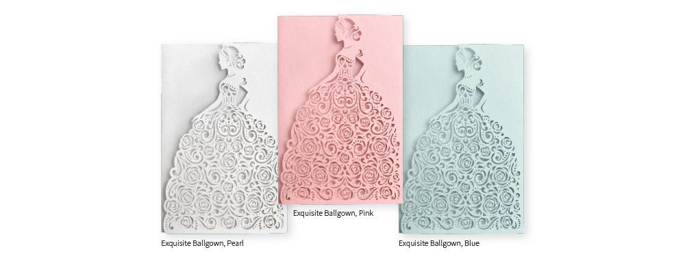 Quinceañera invitation with a young girl in a laser cut ballgown. Shown in pink, blue and pearl