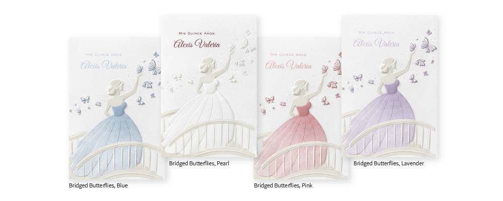 Quinceañera invitation girl crossing a bridge surrounded by butterflies. Shown in pink, blue, pearl and lavender
