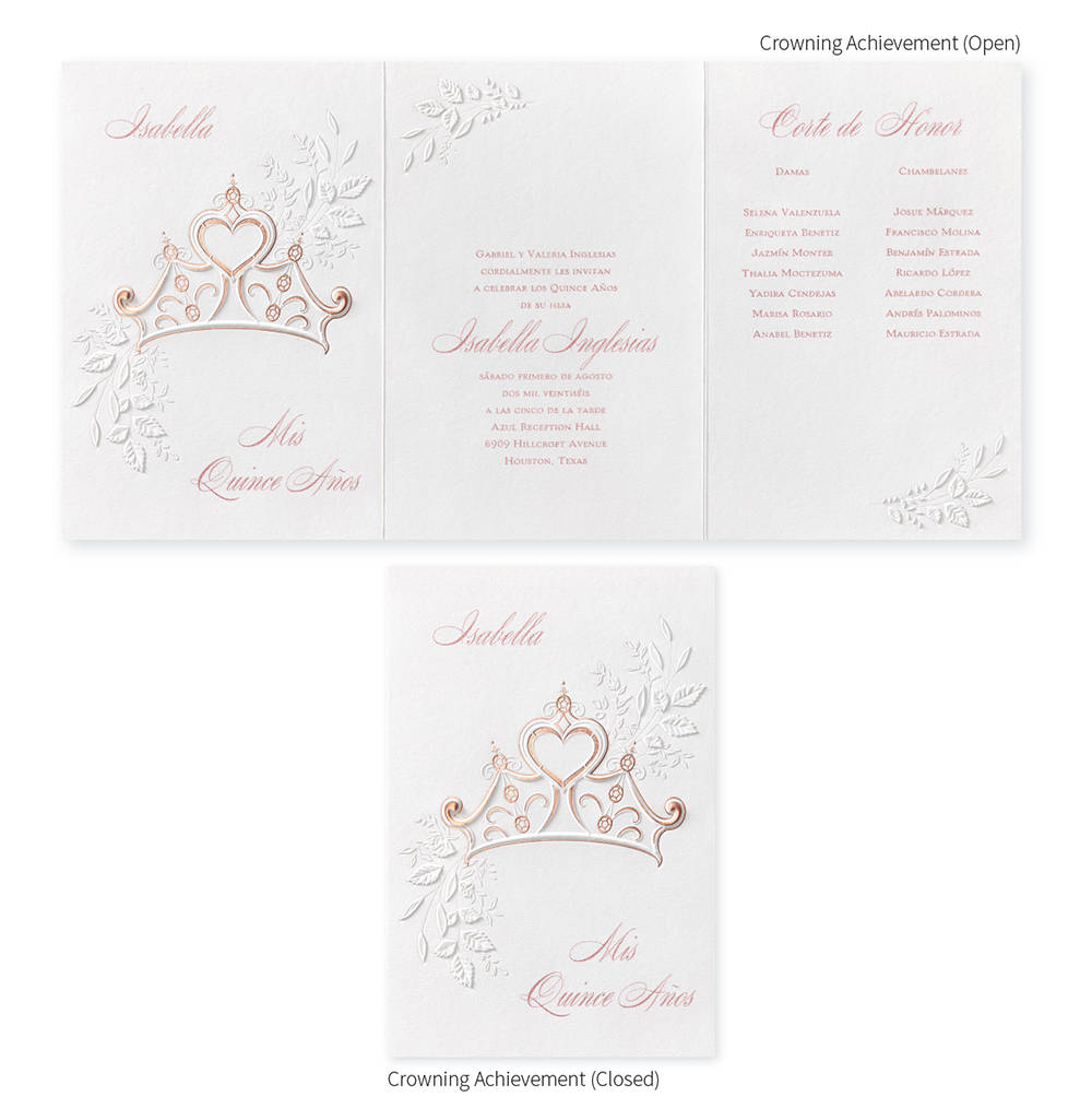 Quinceañera invitation featuring tiara embossed in rose gold foil