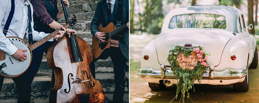 A folk band entertains guests at a cottage core inspired wedding