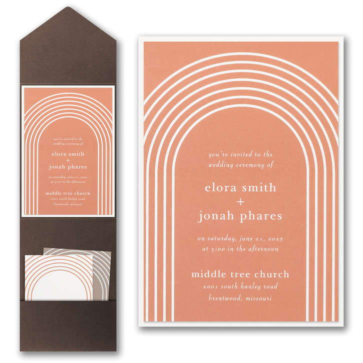 Pocket wedding invitation featuring a modern arched design