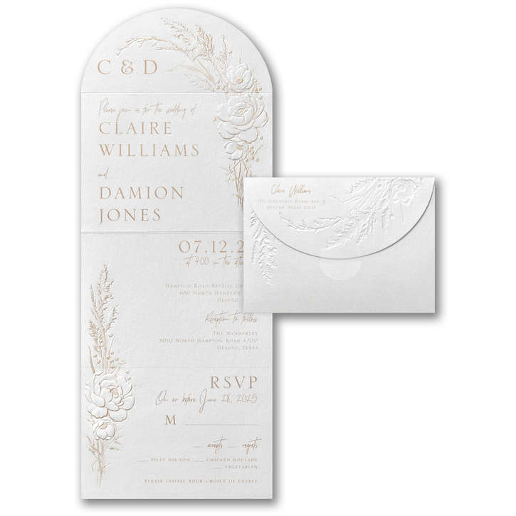 Seal ‘n Send wedding invite featuring a pearl foil embossed floral design