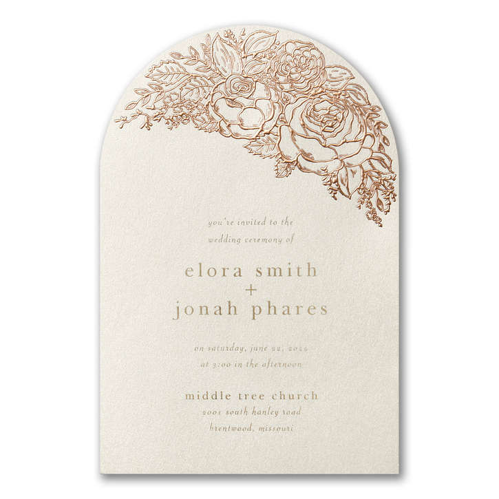 Arch shaped wedding invitation featuring a floral design embossed in foil