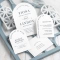 Sophisticated Arch shaped wedding invitation with reception and response car