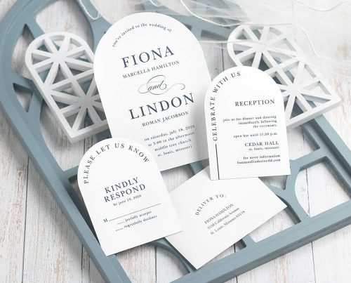 Sophisticated Arch shaped wedding invitation with reception and response car