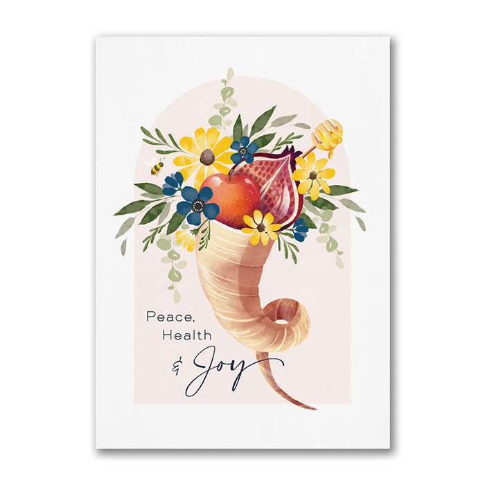 A Rosh Hashanah card featuring a ram’s horn filled with fruits and flowers captioned “Peace, Health & Joy.”