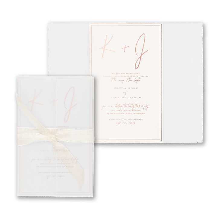 Luxurious wrap-style wedding invitation with sheer ribbon closure