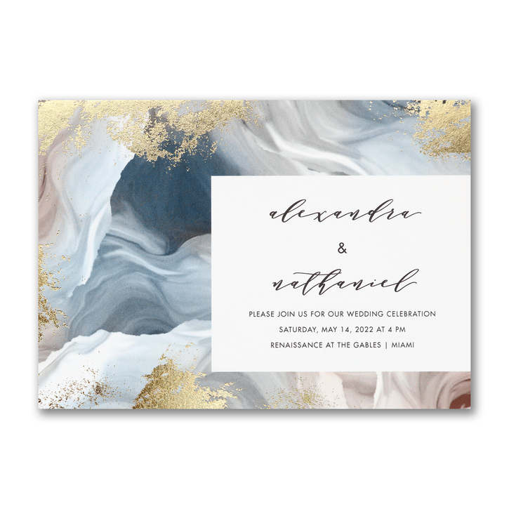 Contemporary wedding invitation featuring a marbled design highlighted with gold foil