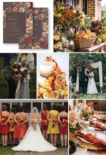 Collage of photographs providing inspiration for a fall-themed wedding