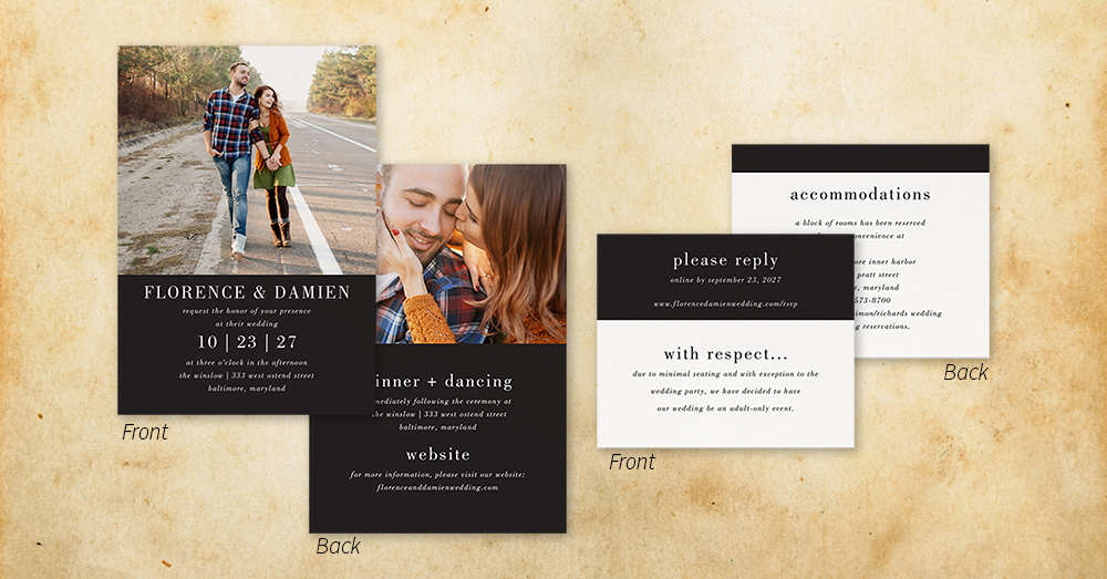 Photo wedding invitation and postcard size enclosure printed on both front and back