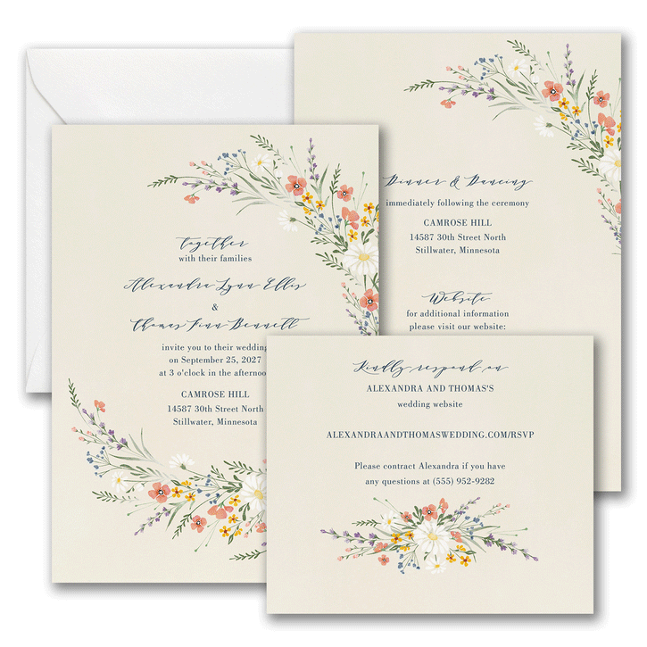 Two-piece sets featuring full size photo wedding invitations and postcard size enclosures.