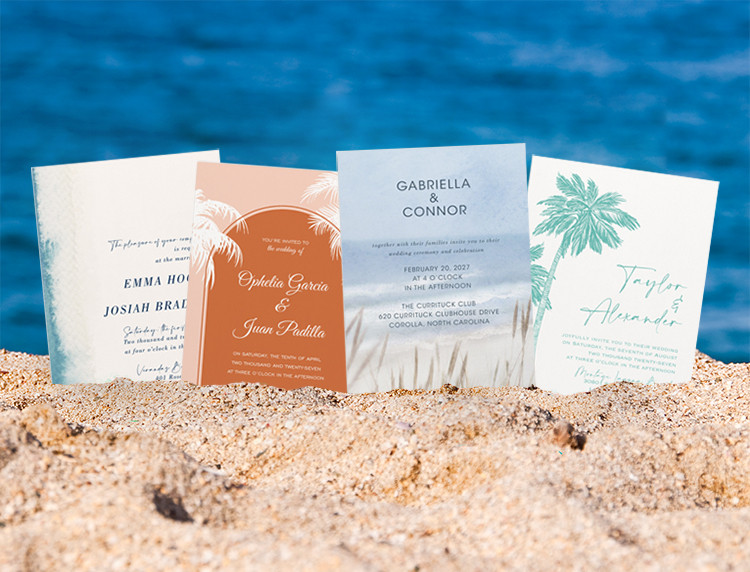 Destination wedding invitations with coastal and beach themes
