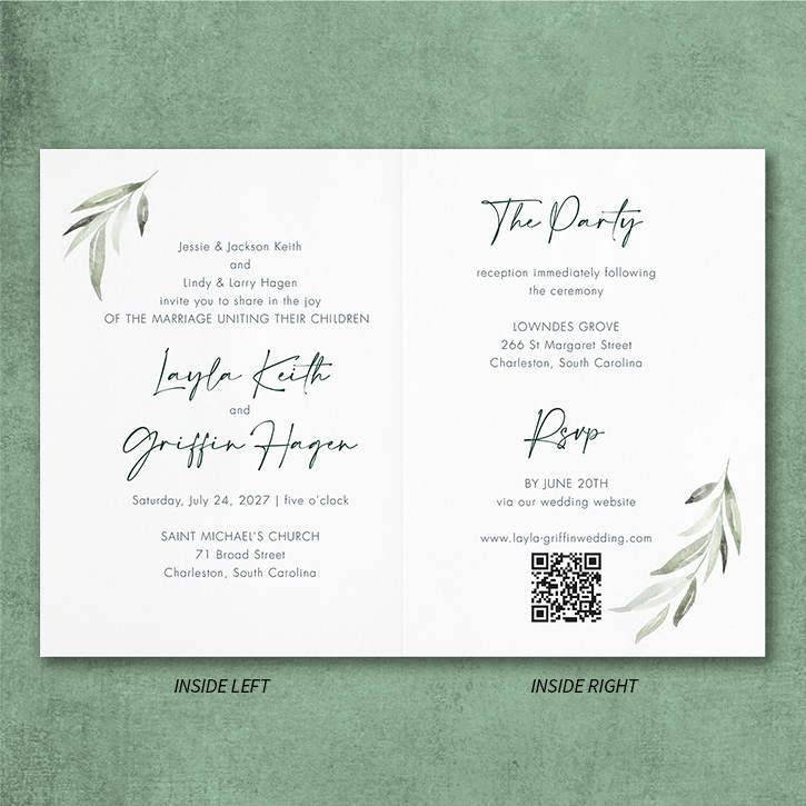 Folding wedding invitation with greenery design