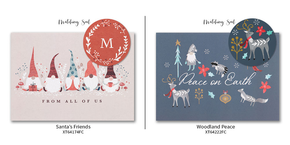 Holiday cards with Nordic designs paired with matching sticker seals