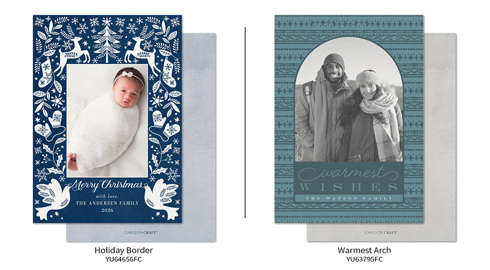 Nordic designs frame the photographs on a pair of holiday photo cards
