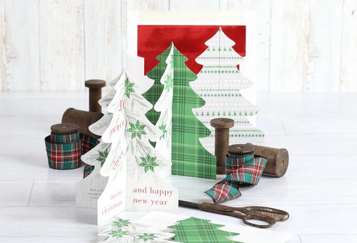 Die-cut holiday card with two pieces that fit together to create free-standing tree