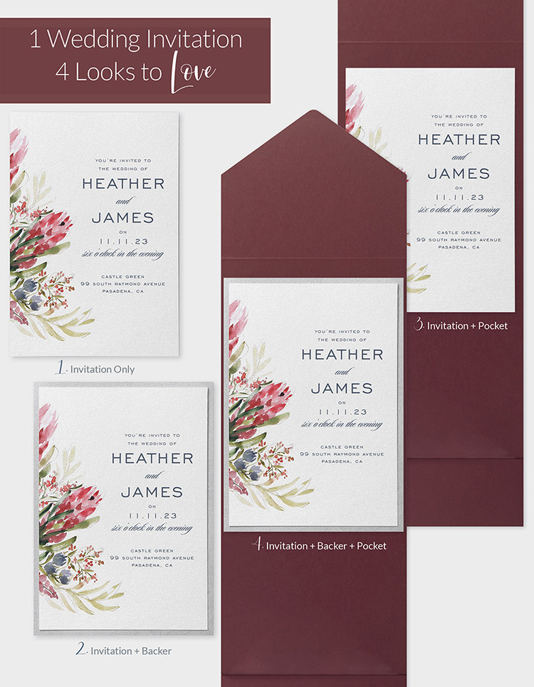 Floral Fondness, an invitation from the Trend Wedding Collection by Carlson Craft is shown styled four ways: as a stand-alone invitation, with a backer, with a pocket and with a backer and pocket