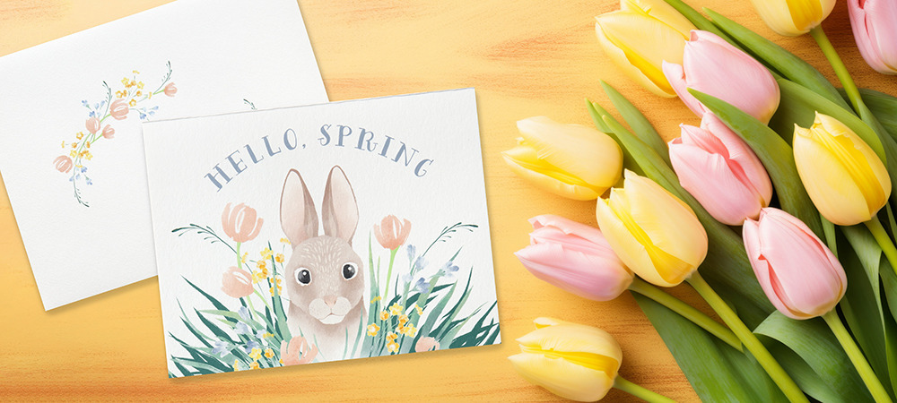 Cute all-occasion greeting card with artwork featuring a rabbit sitting in spring flowers