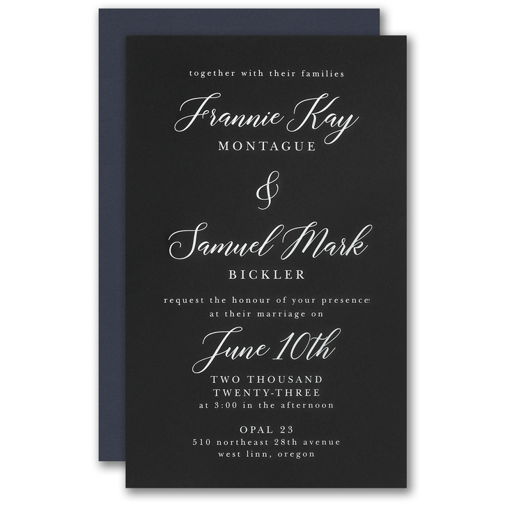 Luxurious engraved wedding invitation featuring white ink on dark paper