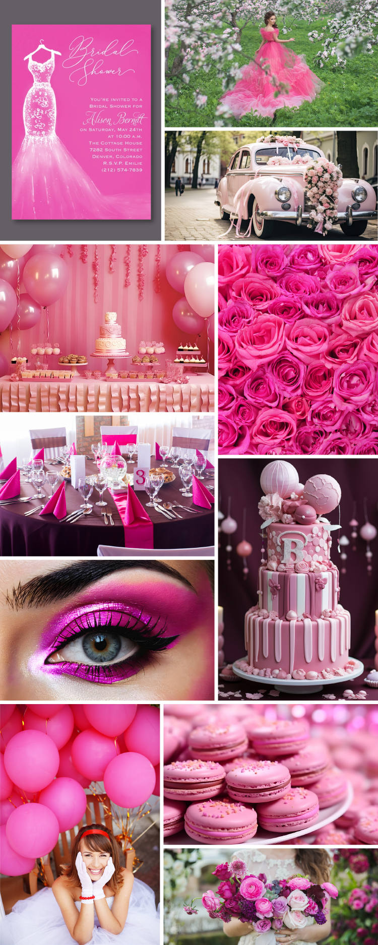 Collage filled with inspiring ideas for pink bridal showers, bachelorette parties and weddings inspired by the Barbiecore trend