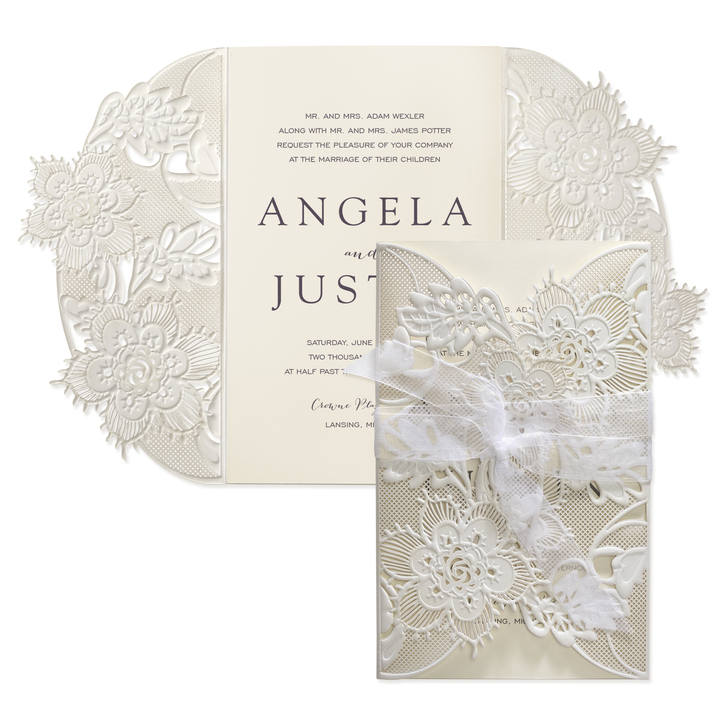 Embossing adds depth to a wrap wedding invitation's lacy laser cut design.