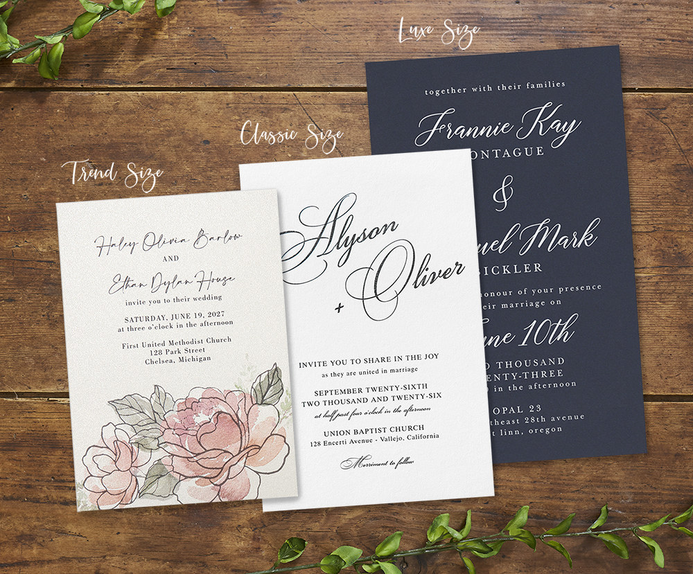 The size differences between Luxe, Classic, and Trend wedding invitations are part of their design