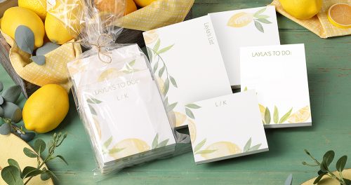 Personalized notepad set with lemons and greenery.