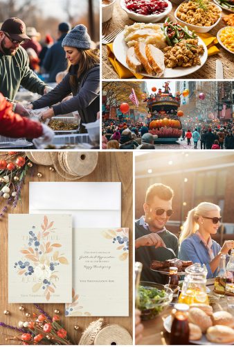 Thanksgiving greeting card with photos of family and food.