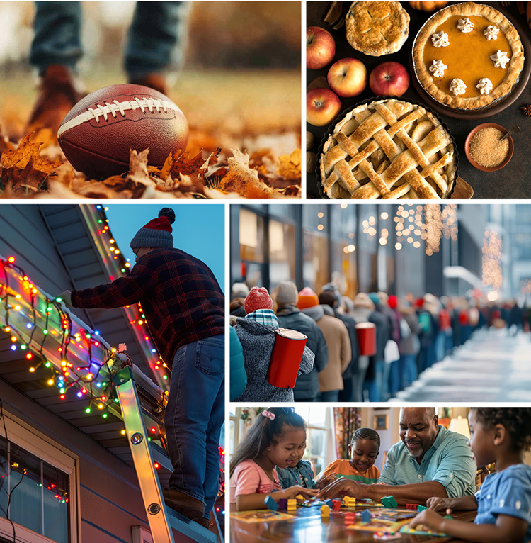 Photos of Thanksgiving traditions like football, pumpkin pie, hanging lights, Black Friday Shopping and playing games. 