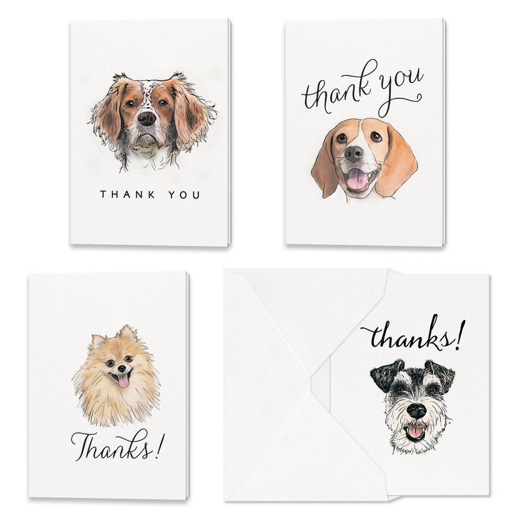 Four thank you cards featuring illustrations of dogs.