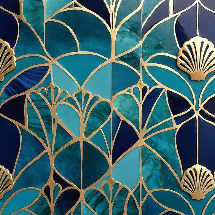 A stained glass piece of art in shades of blue with gold leading. 