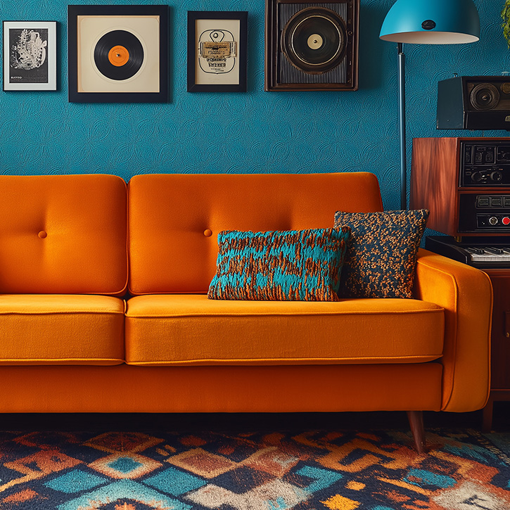 A retro living room scene with orange couch, patterned rug and records as wall hangings. 