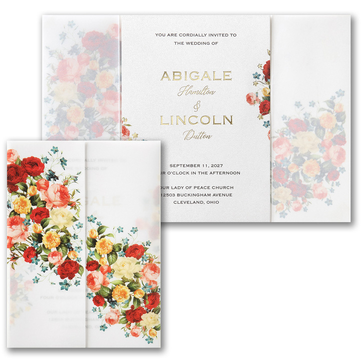 A foil stamped wedding invitation with sheer gatefold pocket and colorful floral design. 