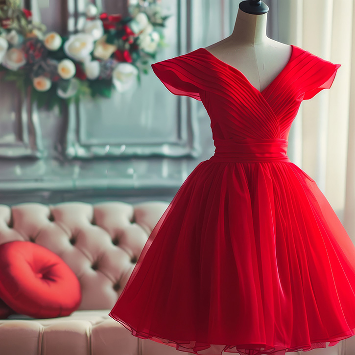 Short red bridesmaid dress against salon backdrop. Sophisticated lady in red wedding attire.