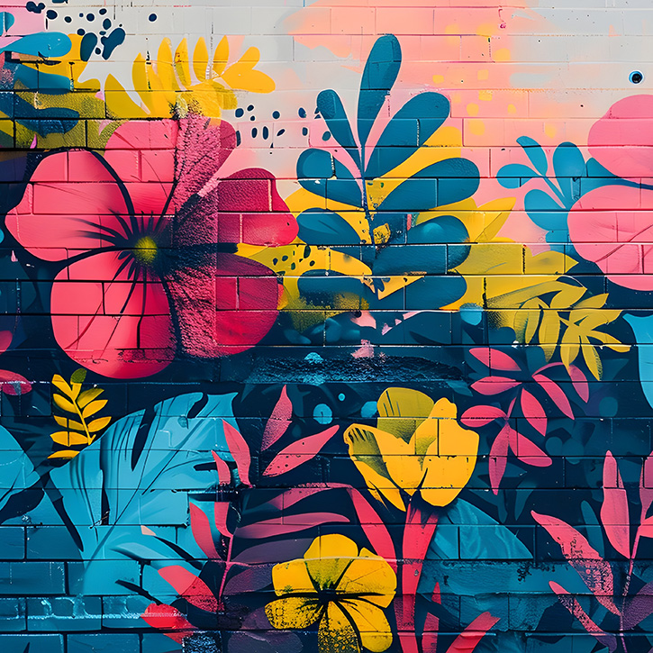 Bright and colorful graffiti art with tropical flowers and greenery.