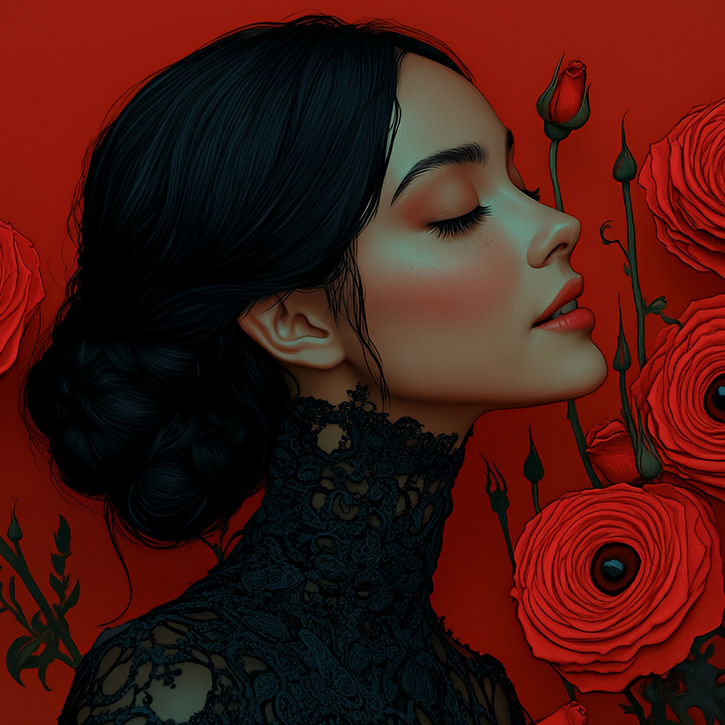 A woman with long black hair wears a black lace dress with roses with eyes surrounding her.