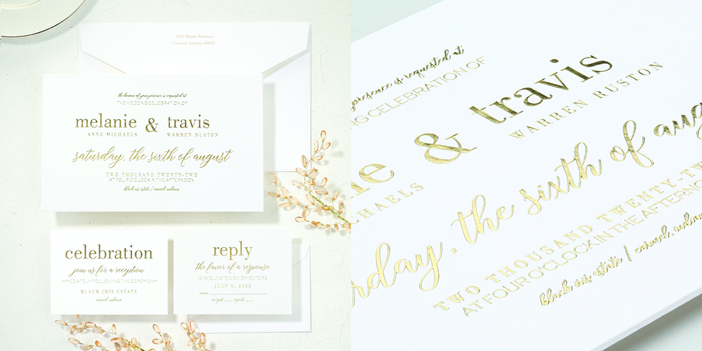 A stunning wedding invitation with gold foil wording and refined typograpy layout. 