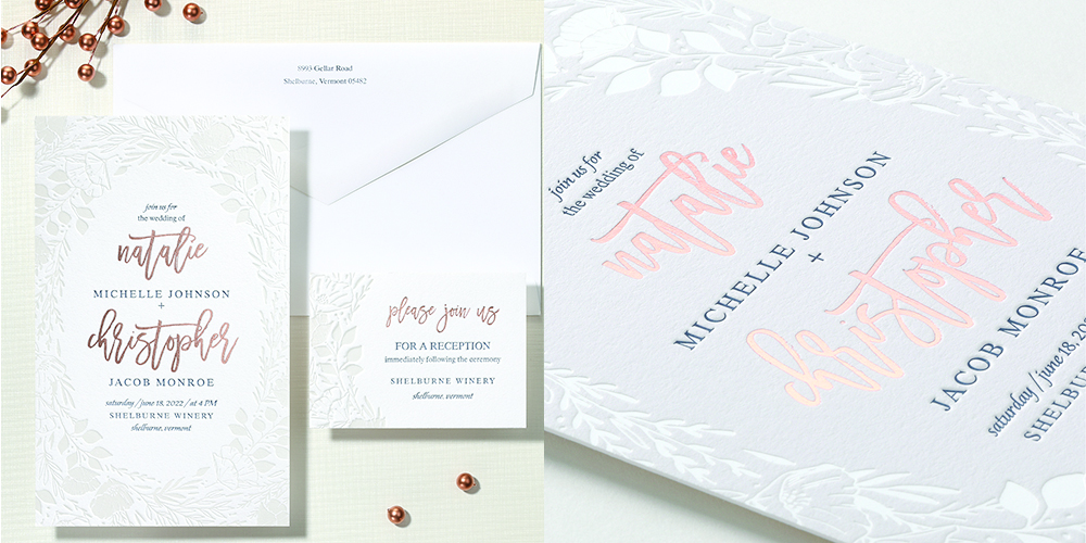 Quality wedding invitation with pearl foil leaves as a border around rose gold foil names and letterpress wording. 