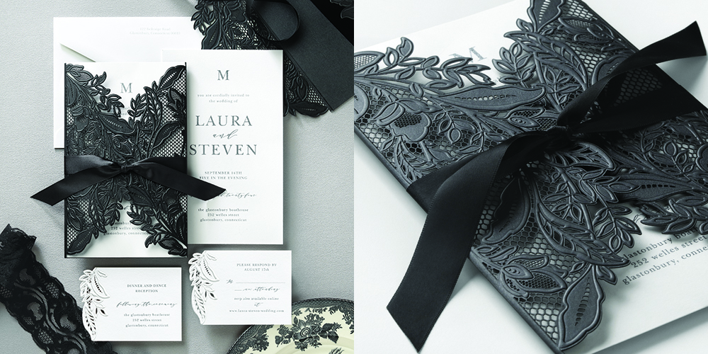 A luxury wedding invitation with black laser-cut wrap and thermography wording. 