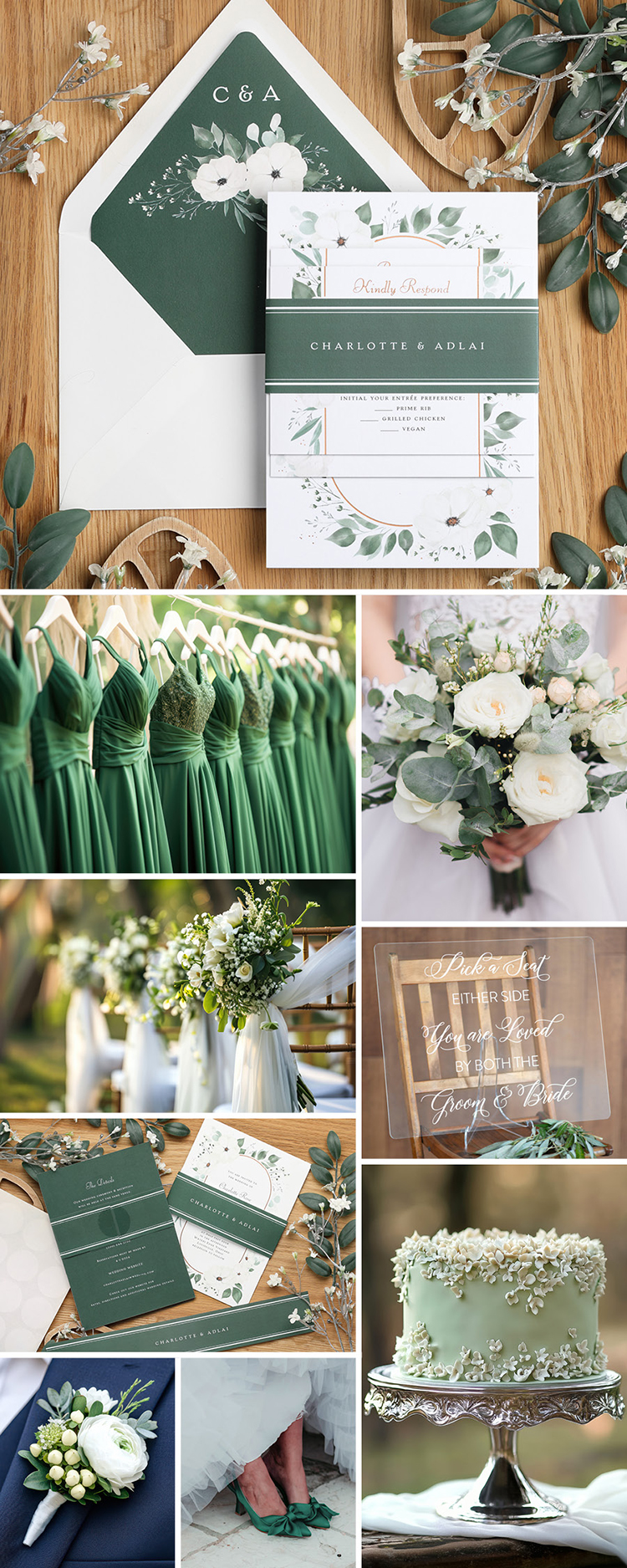 A collage of wedding celebration images in greens and white starting with a Trendy wedding invitation.