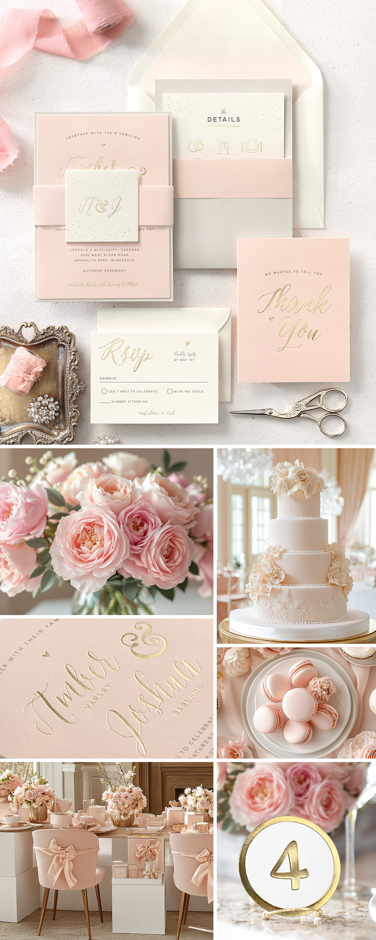 A wedding story collage of images featuring a blush colored Ginger P invite and wedding photos.