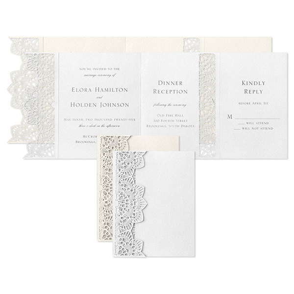 Lace accents along the edges of a fold-and-send wedding invitation make it unique and beautiful. 