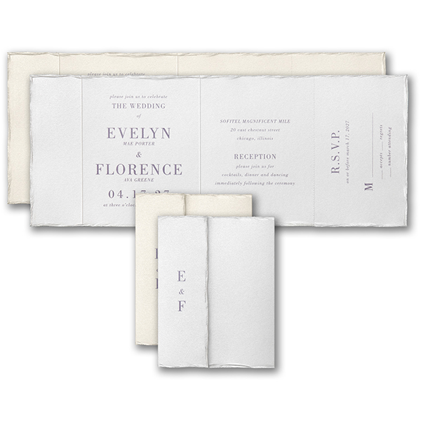 A pearl deckle edge wraps around the outside of this seal 'n send wedding invitation. 